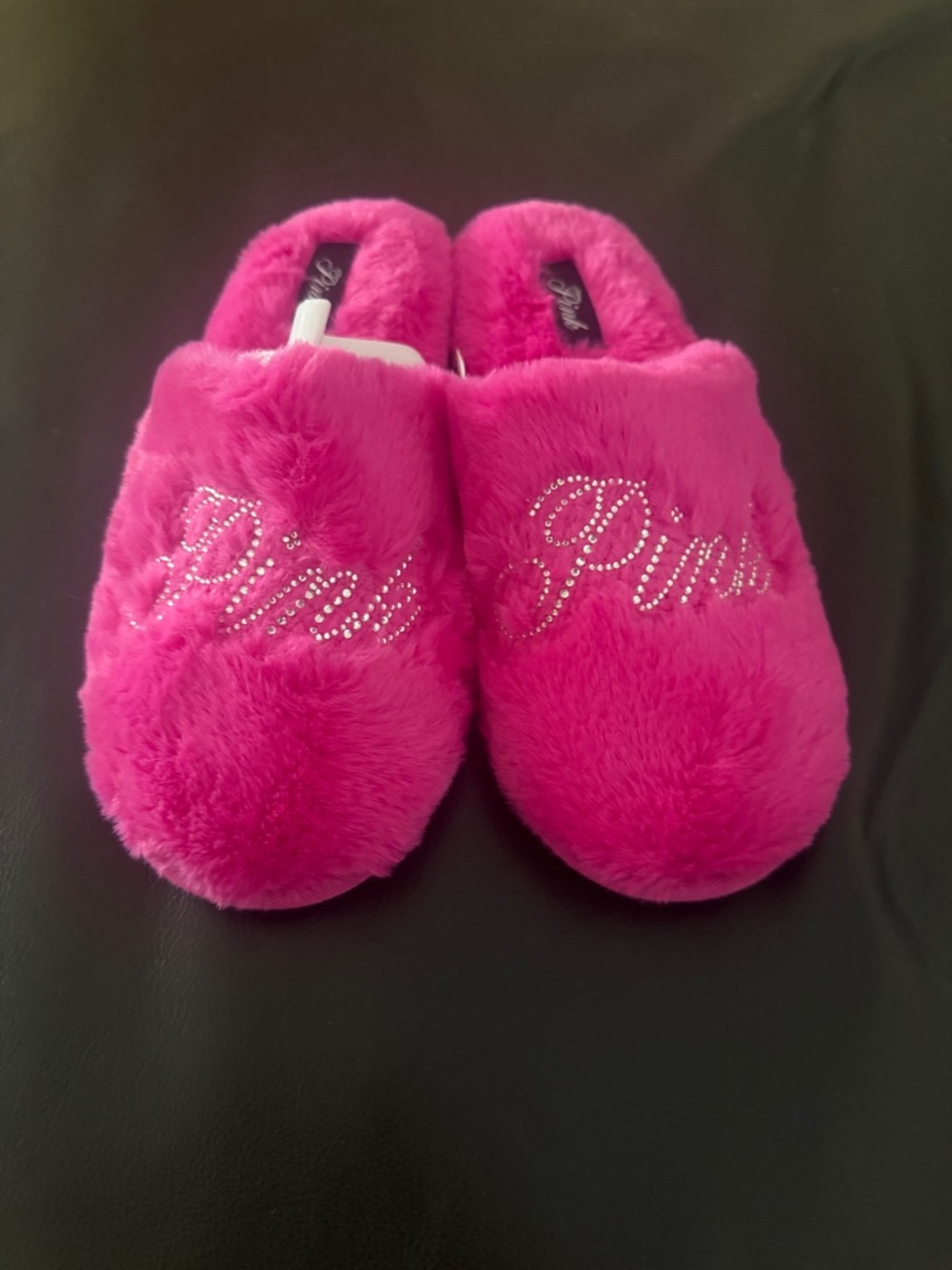 PINK Victoria's Secret Hot Pink Fuzzy Slippers with Rhinestone Logo